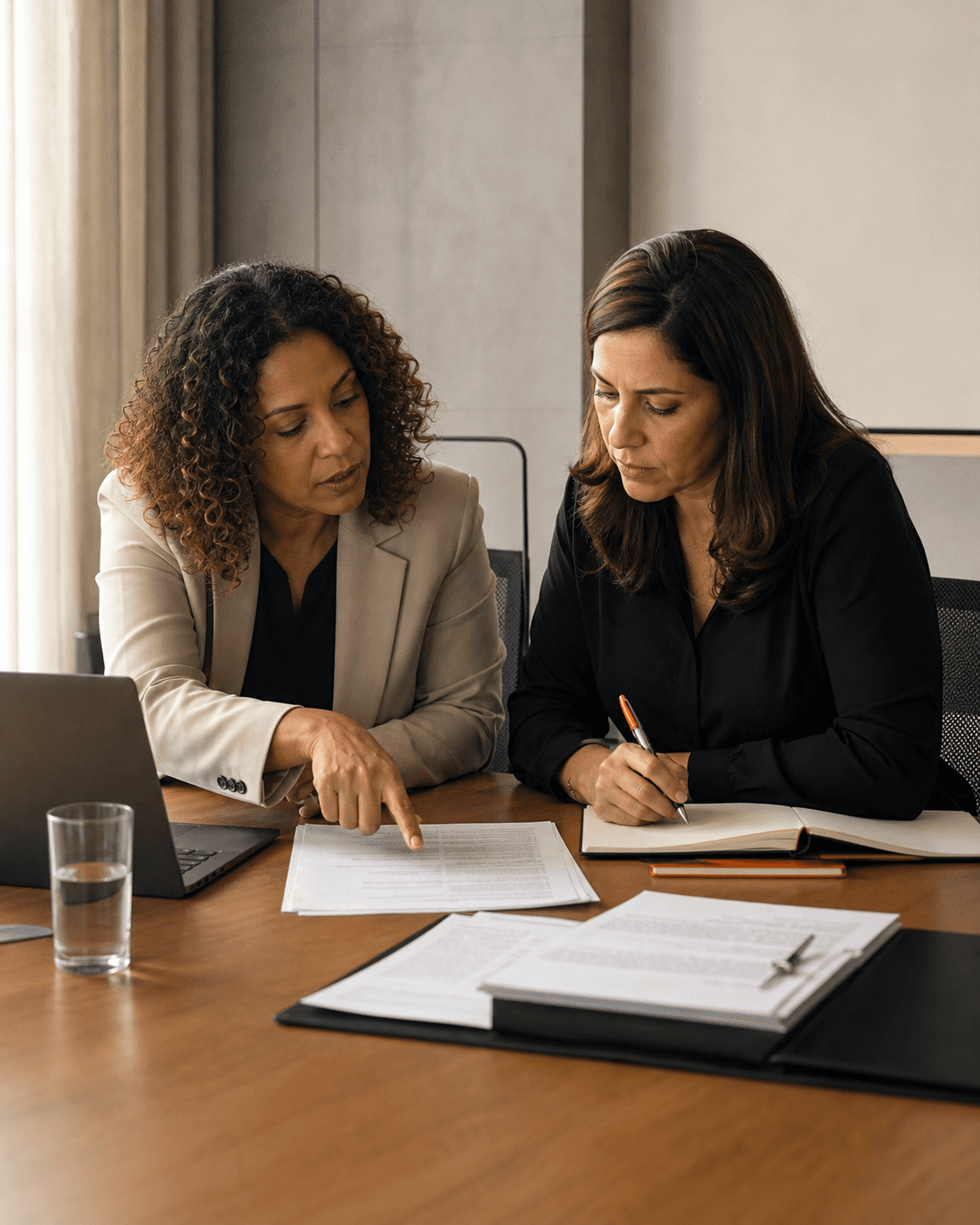 Consultora e cliente analisando um edital